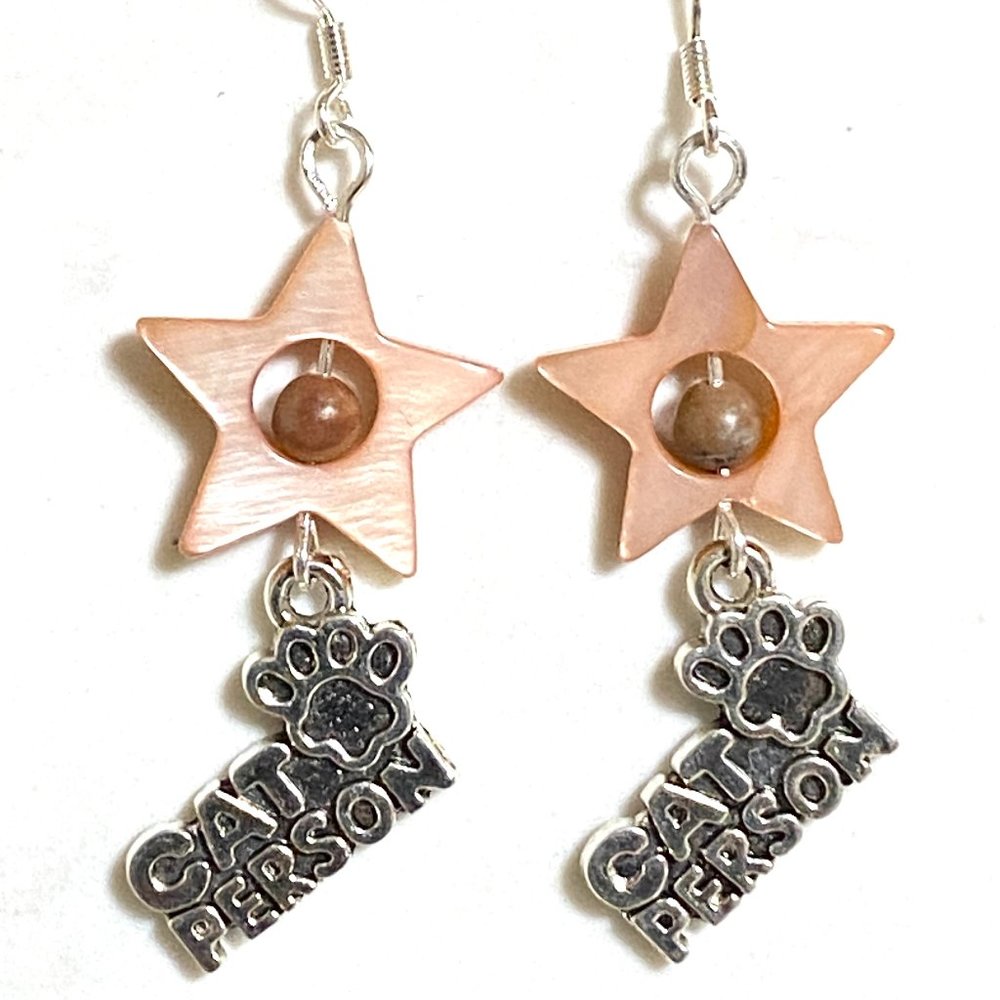 2/$20, Pink Mother of Pearl Star + Cat Person Paw Print Dangle Earrings